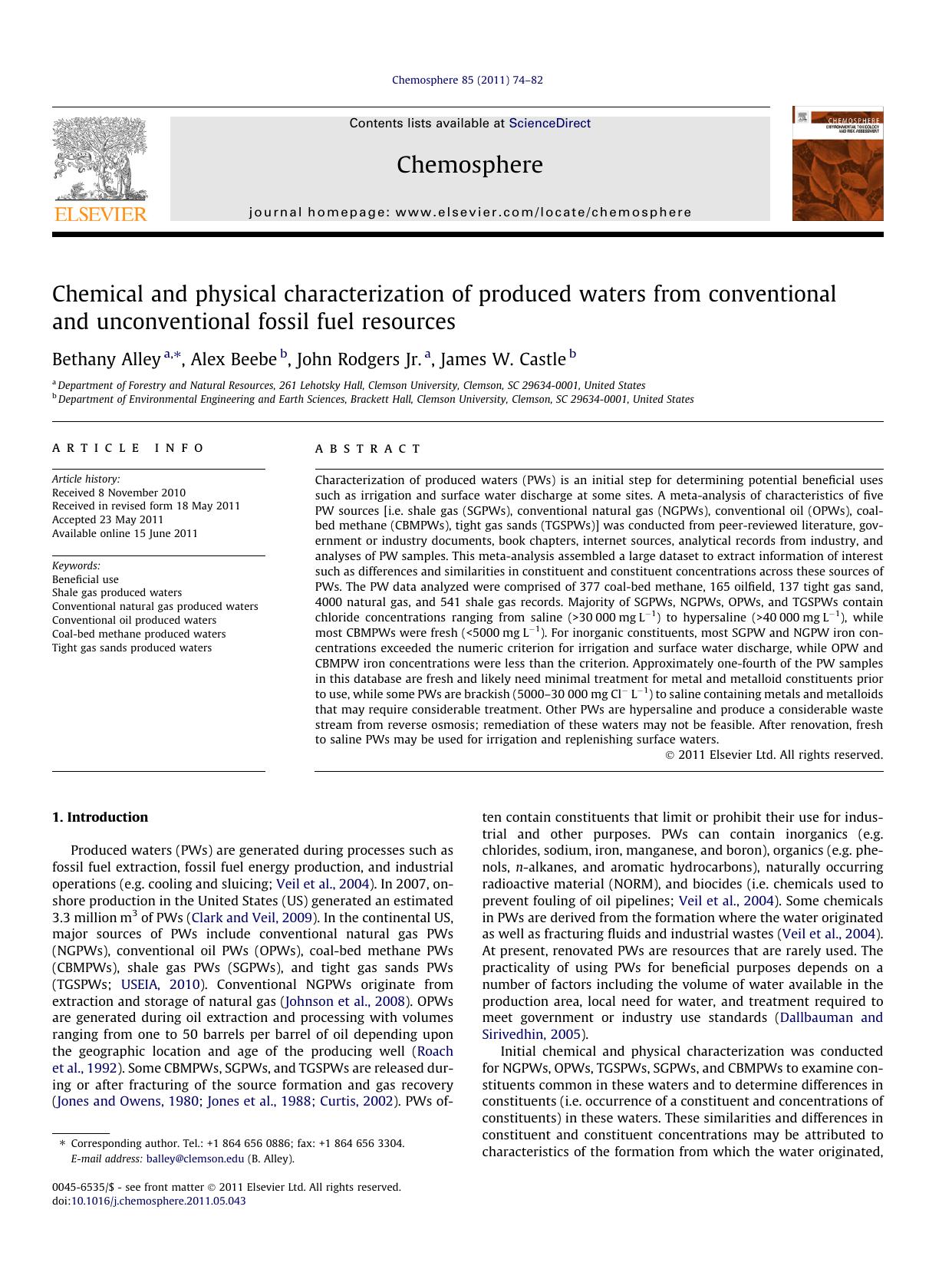 Chemical and physical characterization of produced waters from conventional and unconventional fossil fuel resources by Bethany Alley & Alex Beebe & John Rodgers Jr. & James W. Castle