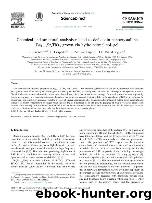 Chemical and structural analysis related to defects in nanocrystalline Ba1âxSrxTiO3 grown via hydrothermal solâgel by S. Fuentes & F. Céspedes & L. Padilla-Campos & D.E. Diaz-Droguett