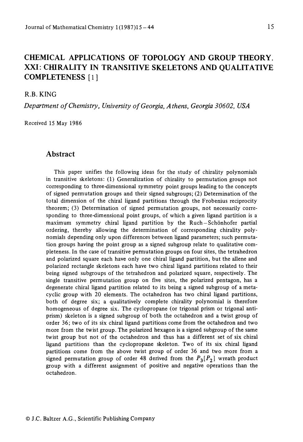 Chemical applications of topology and group theory. XXI: Chirality in transitive skeletons and qualitative completeness [1] by Unknown