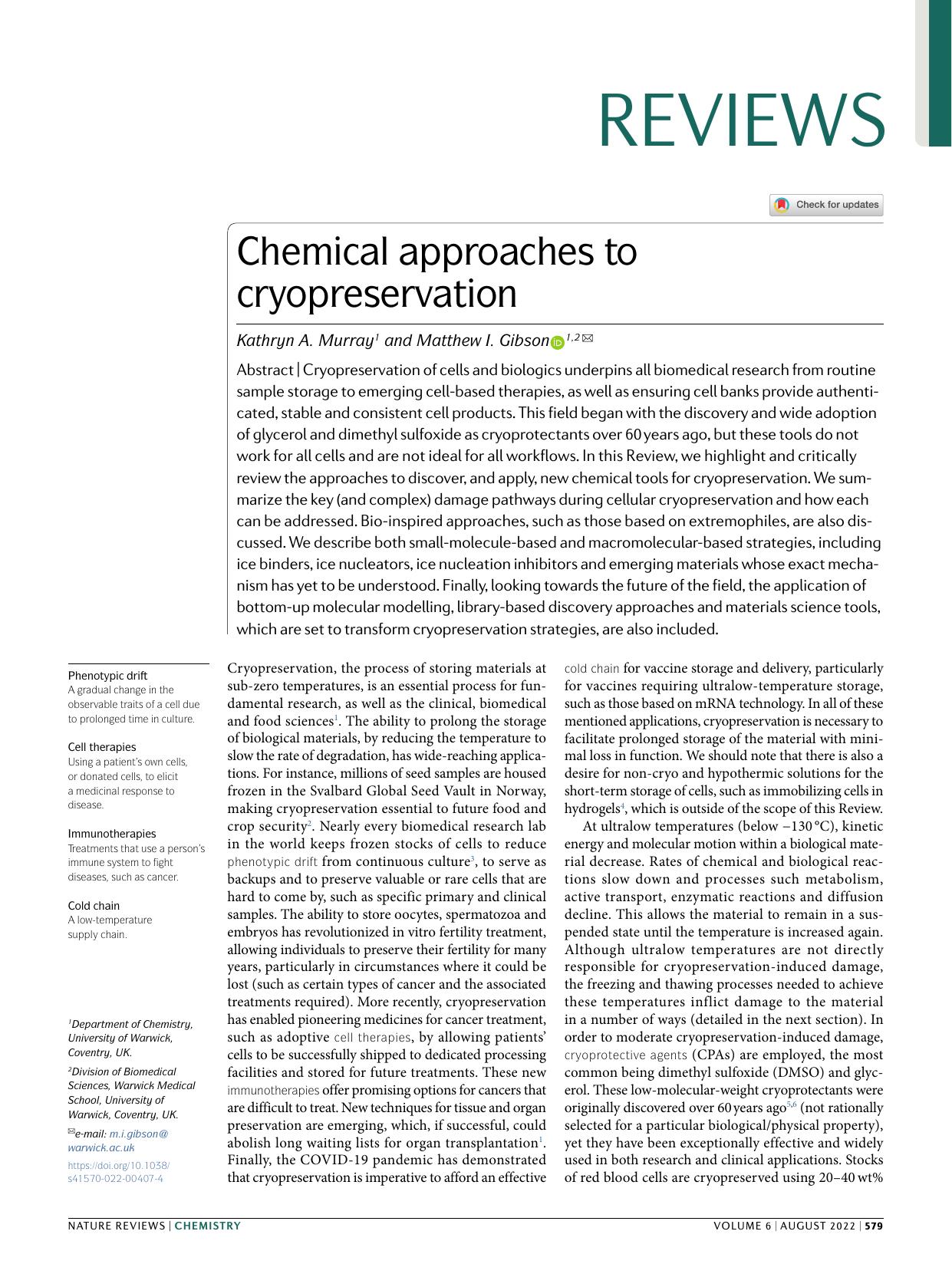 Chemical approaches to cryopreservation by Kathryn A. Murray & Matthew I. Gibson