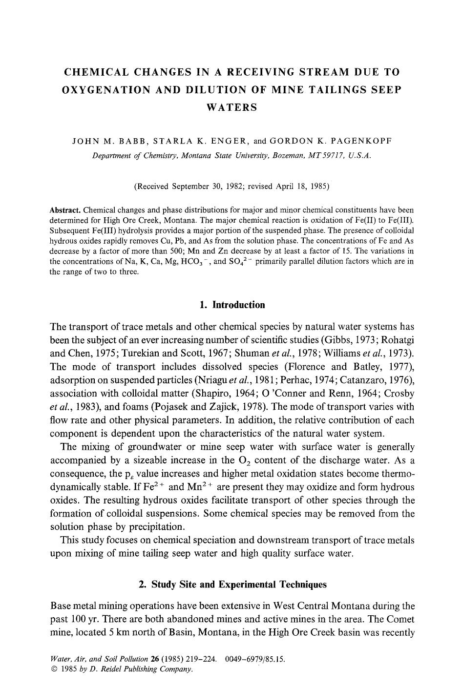Chemical changes in a receiving stream due to oxygenation and dilution of mine tailings seep waters by Unknown