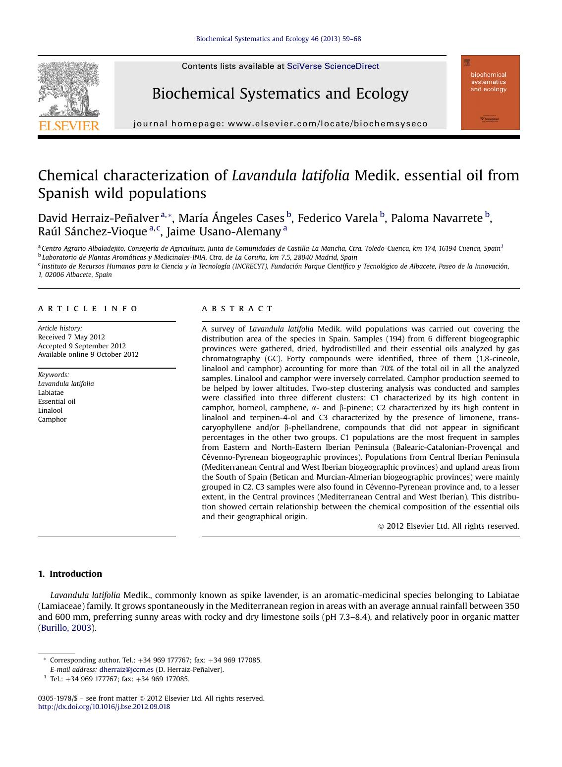 Chemical characterization of Lavandula latifolia Medik. essential oil from Spanish wild populations by unknow