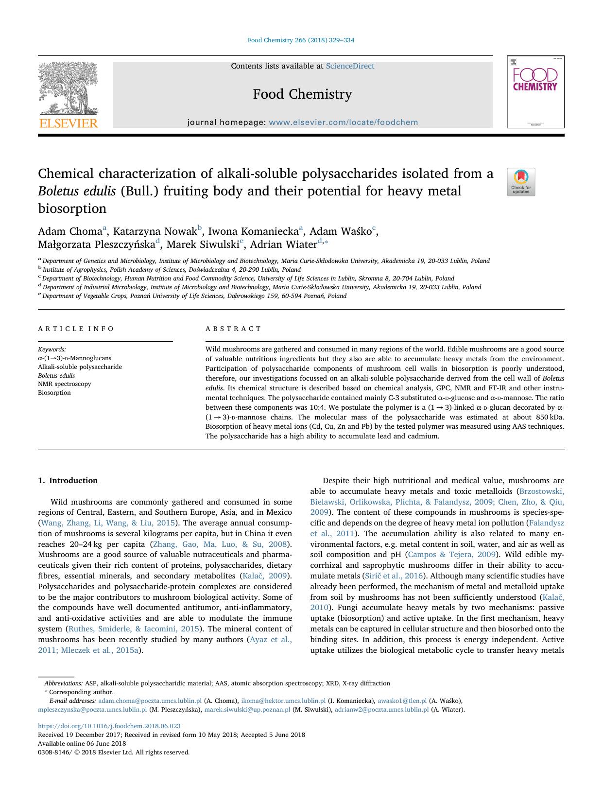 Chemical characterization of alkali-soluble polysaccharides isolated from a Boletus edulis (Bull.) fruiting body and their potential for heavy metal biosorption by Adam Choma