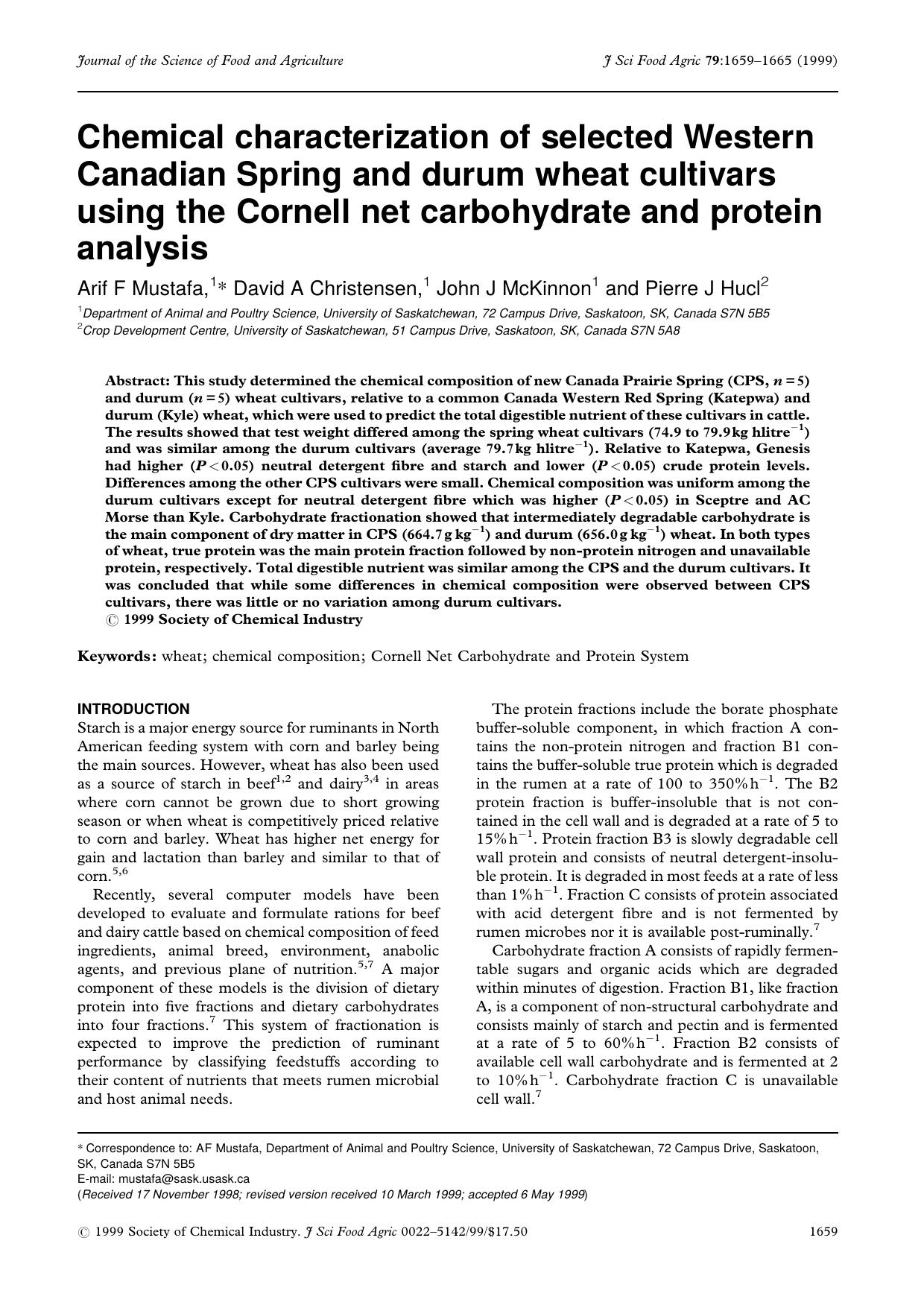 Chemical characterization of selected Western Canadian Spring and durum wheat cultivars using the Cornell net carbohydrate and protein analysis by Unknown