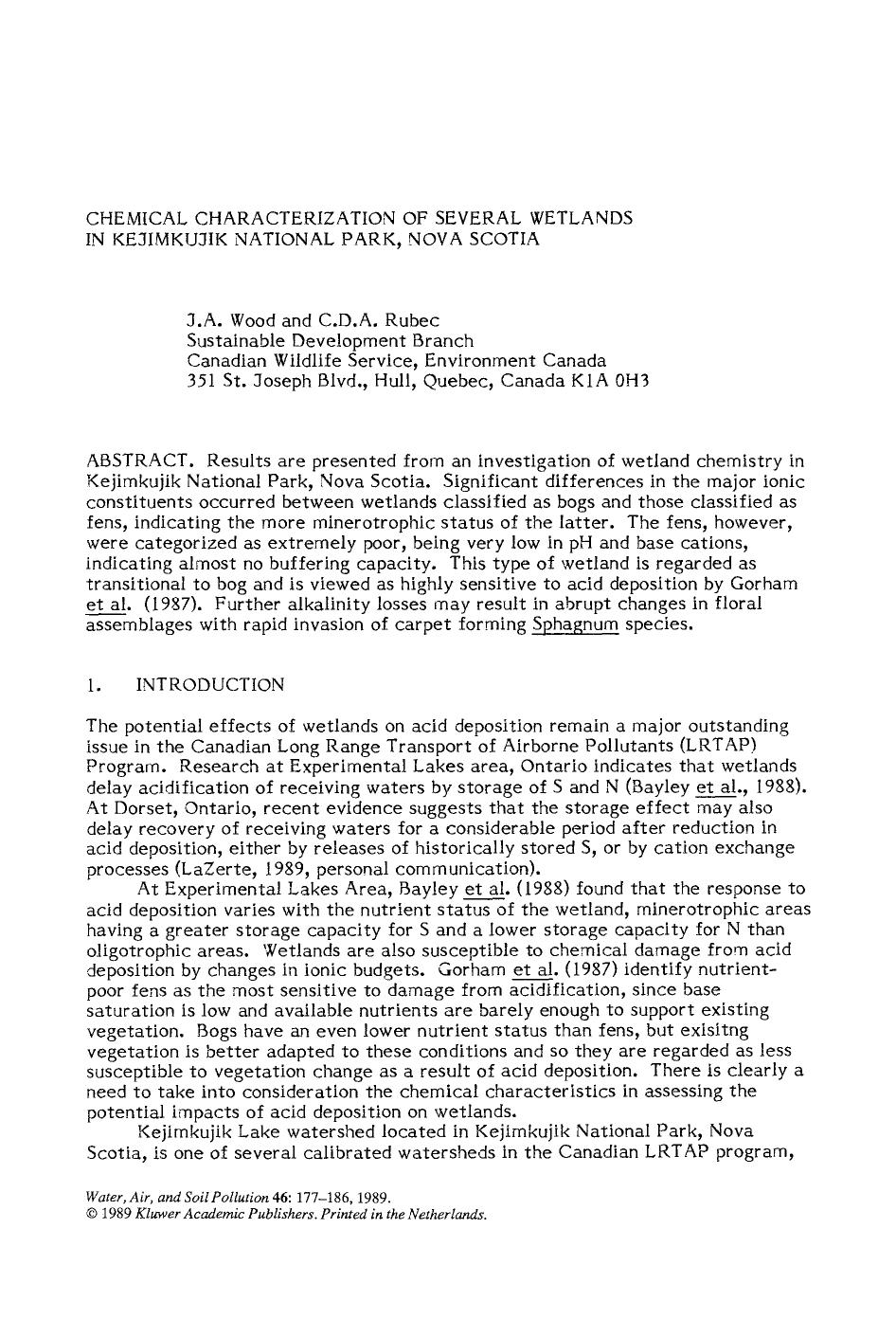 Chemical characterization of several wetlands in Kejimkujik National Park, Nova Scotia by Unknown