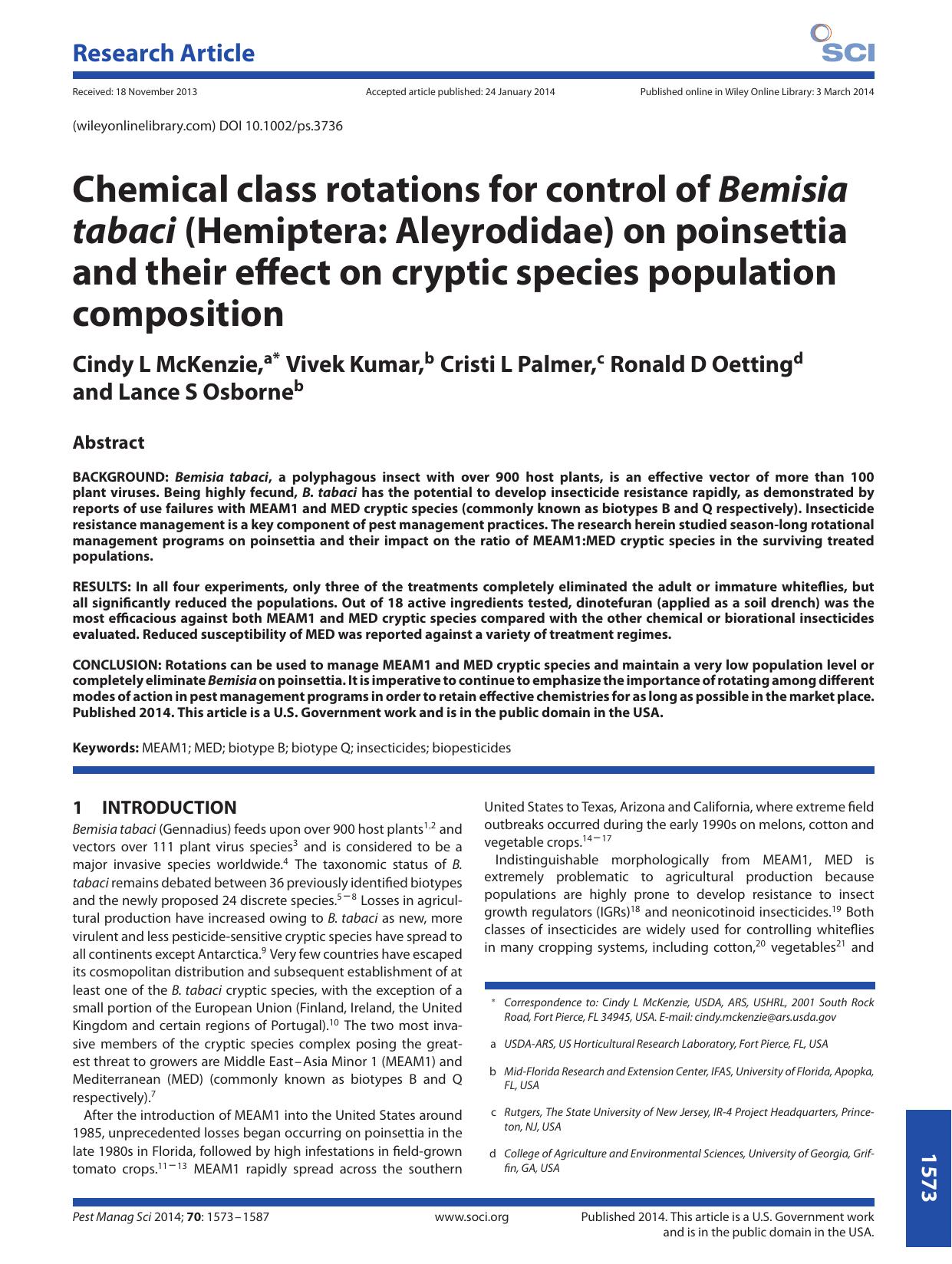 Chemical class rotations for control of Bemisia tabaci (Hemiptera: Aleyrodidae) on poinsettia and their effect on cryptic species population composition by Unknown