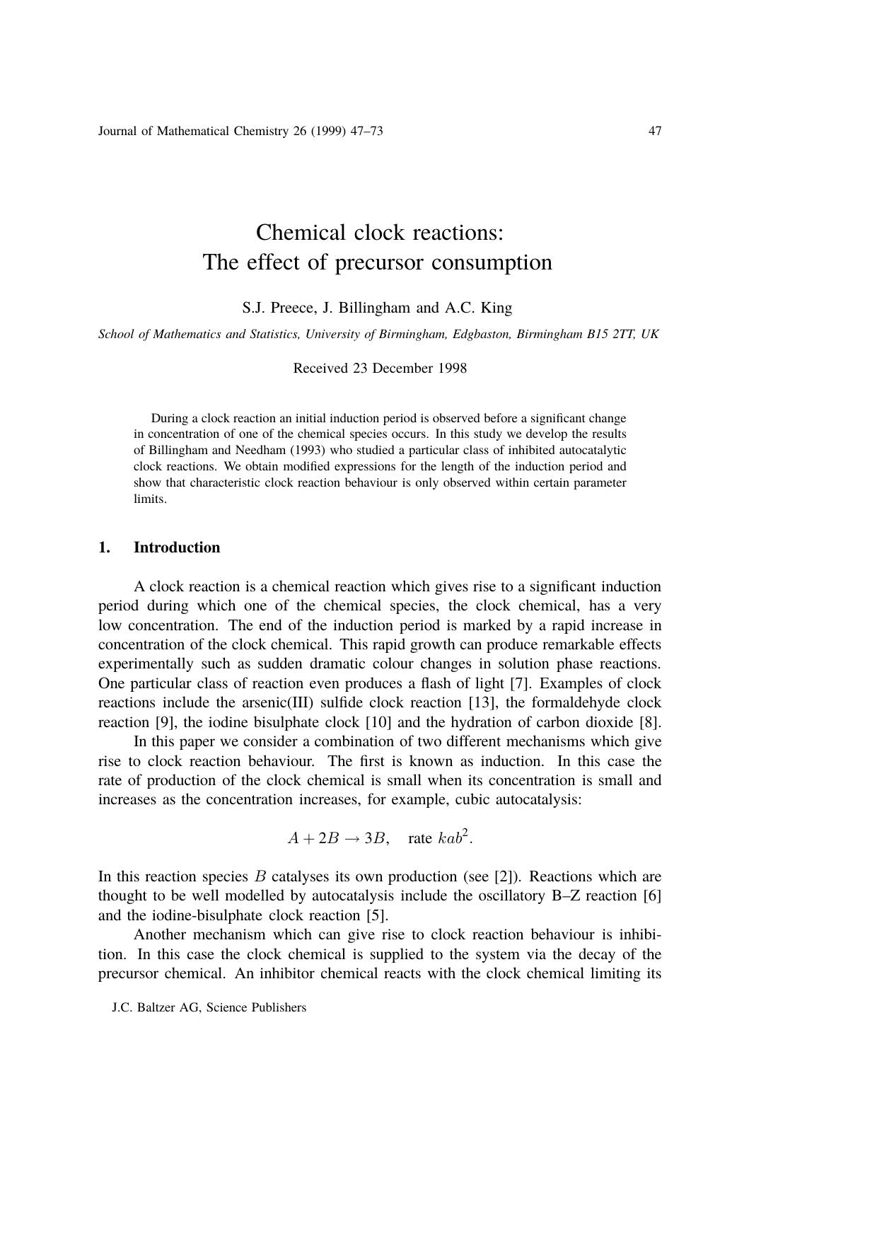 Chemical clock reactions: The effect of precursor consumption by Unknown