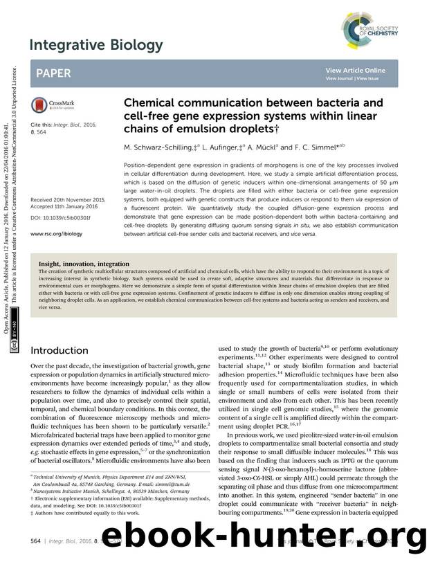 Chemical communication between bacteria and cell-free gene expression systems within linear chains of emulsion droplets by M. Schwarz-Schilling & L. Aufinger & A. M&&#xfc;ckl & F. C. Simmel
