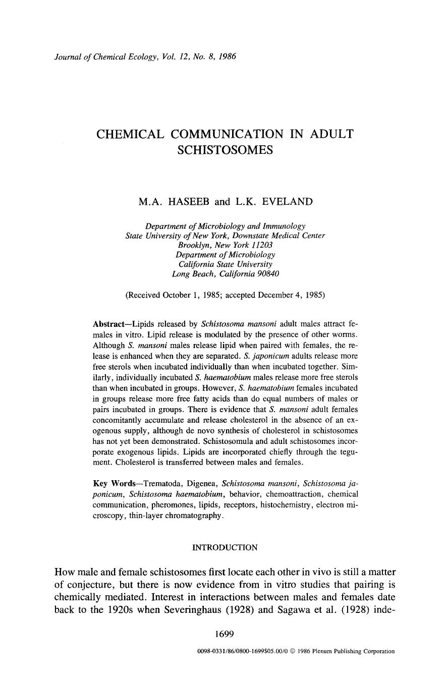 Chemical communication in adult schistosomes by Unknown