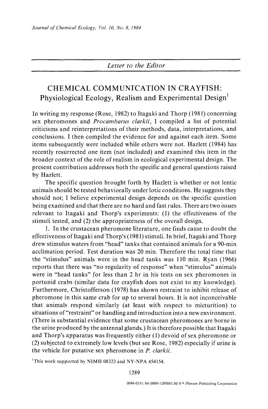 Chemical communication in crayfish: by Unknown