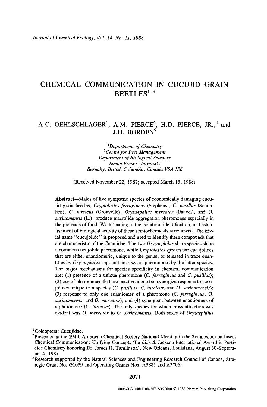 Chemical communication in cucujid grain beetles by Unknown