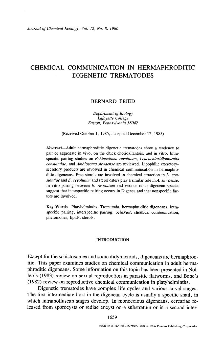 Chemical communication in hermaphroditic digenetic trematodes by Unknown