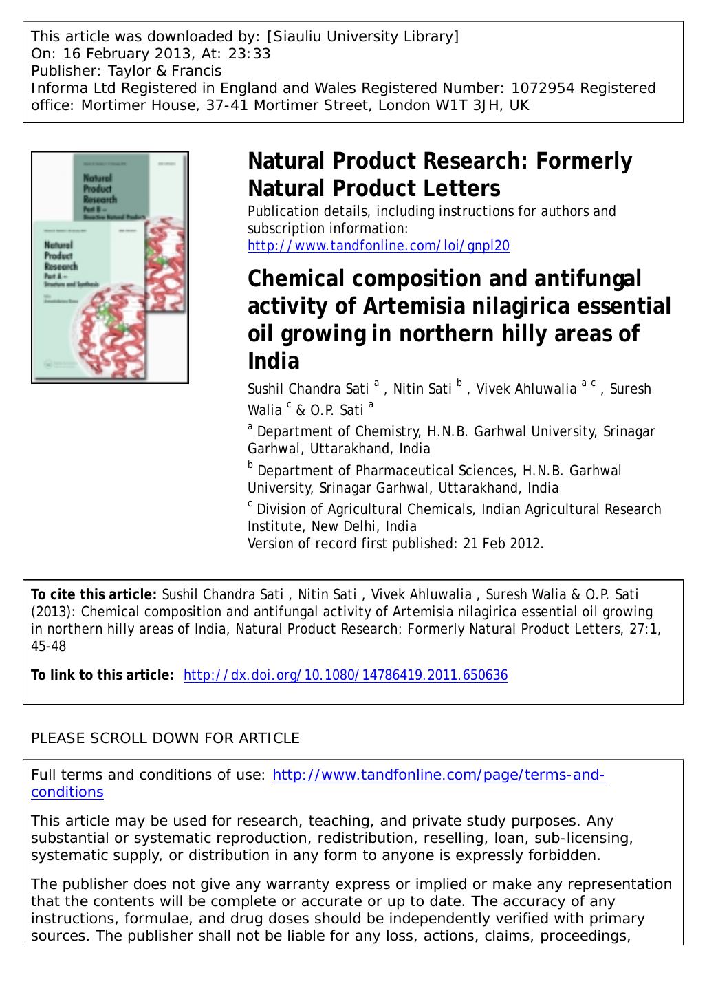 Chemical composition and antifungal activity of Artemisia nilagirica essential oil growing in northern hilly areas of India by Sushil Chandra Sati Nitin Sati Vivek Ahluwalia Suresh Walia & O.P. Sati