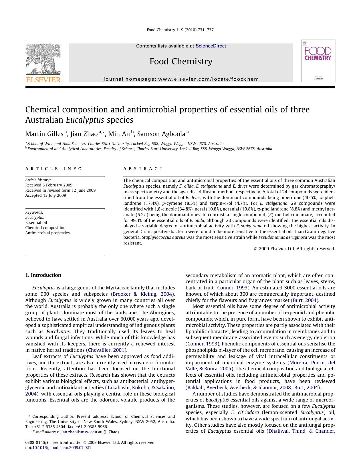 Chemical composition and antimicrobial properties of essential oils of three Australian Eucalyptus species by Martin Gilles; Jian Zhao; Min An; Samson Agboola