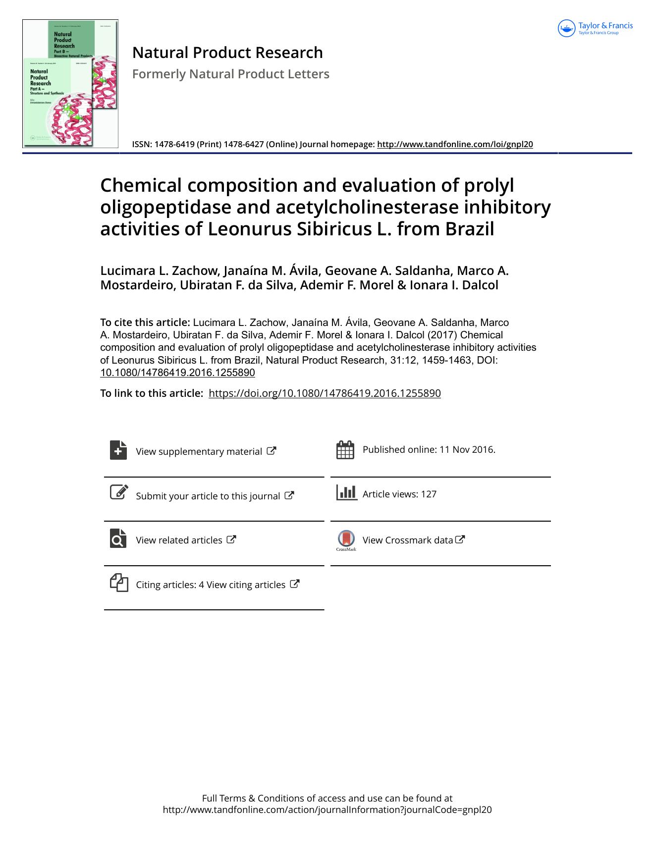 Chemical composition and evaluation of prolyl oligopeptidase and acetylcholinesterase inhibitory activities of Leonurus Sibiricus L. from Brazil by unknow