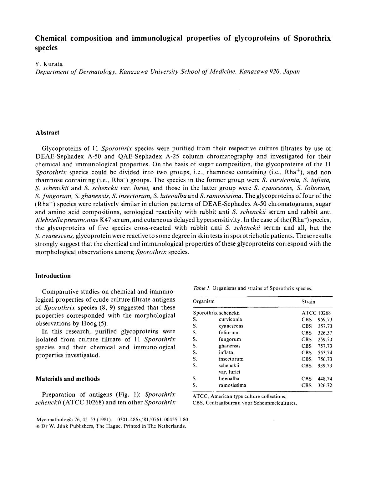 Chemical composition and immunological properties of glycoproteins of Sporothrix species by Unknown