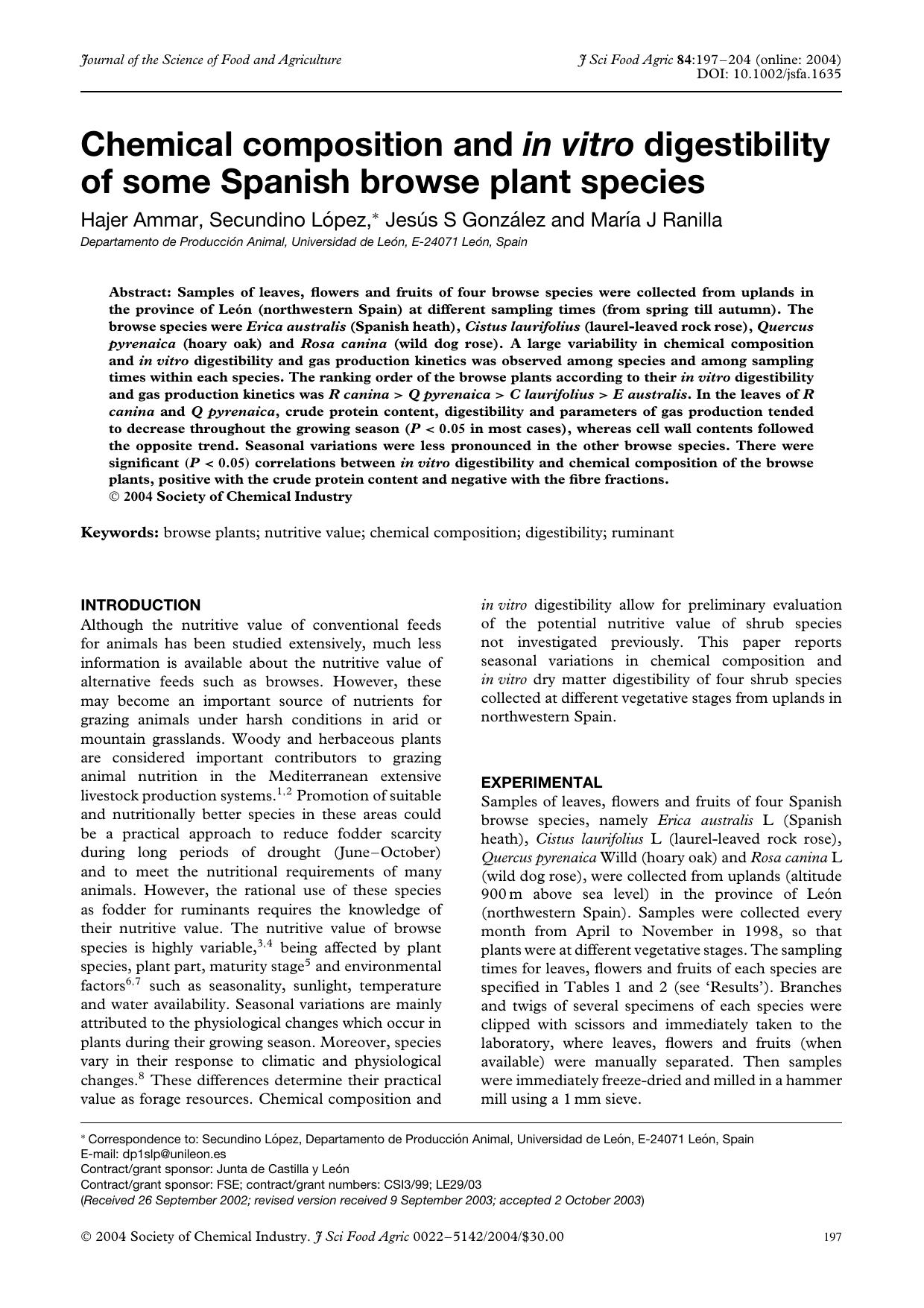 Chemical composition and in vitro digestibility of some Spanish browse plant species by Unknown
