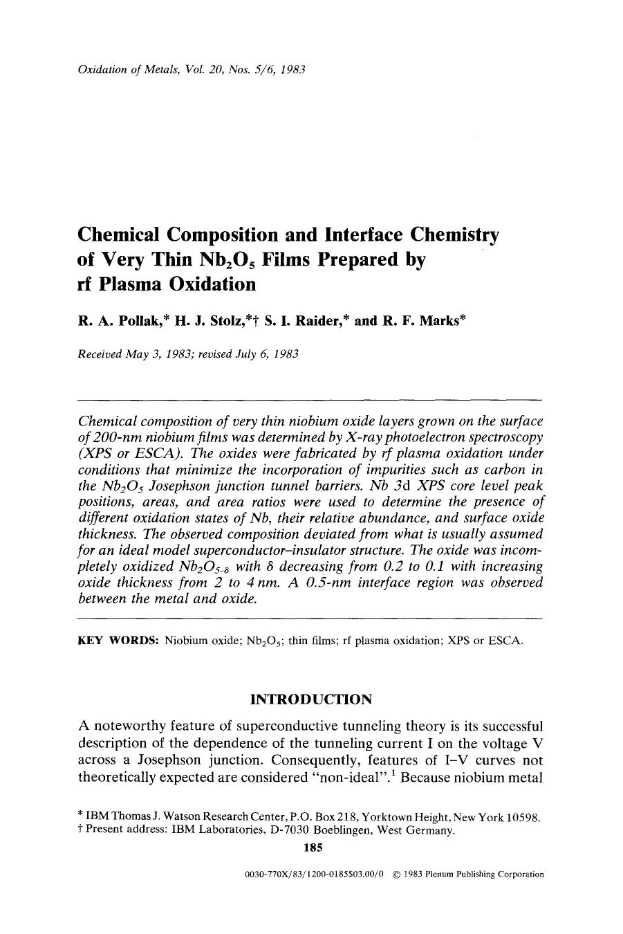 Chemical composition and interface chemistry of very thin Nb <Subscript>2 <Subscript>O <Subscript>5 <Subscript> films prepared by rf plasma oxidation by Unknown