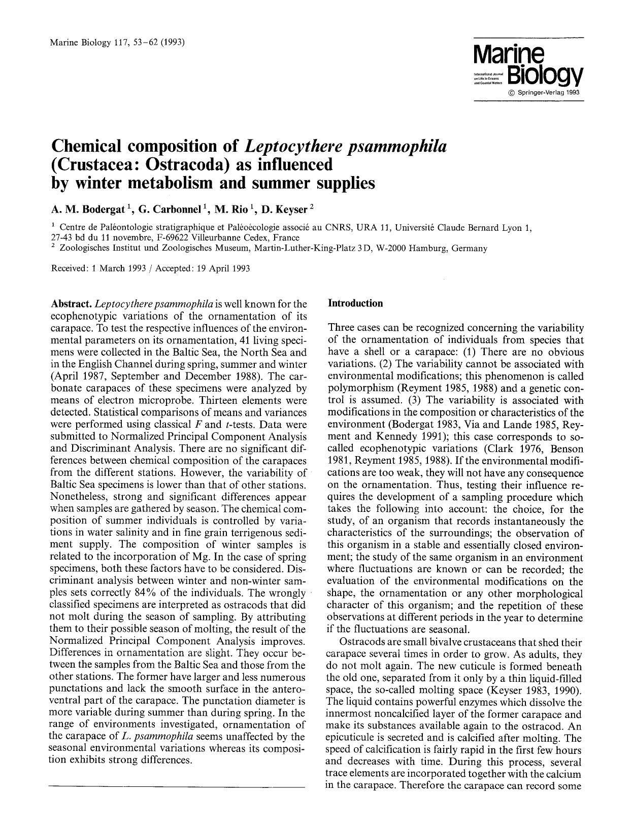 Chemical composition of <Emphasis Type="Italic">Leptocythere psammophila<Emphasis> (Crustacea: Ostracoda) as influenced by winter metabolism and summer supplies by Unknown
