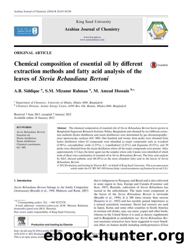 Chemical composition of essential oil by different extraction methods and fatty acid analysis of the leaves of Stevia Rebaudiana Bertoni by A.B. Siddique & S.M. Mizanur Rahman & M. Amzad Hossain