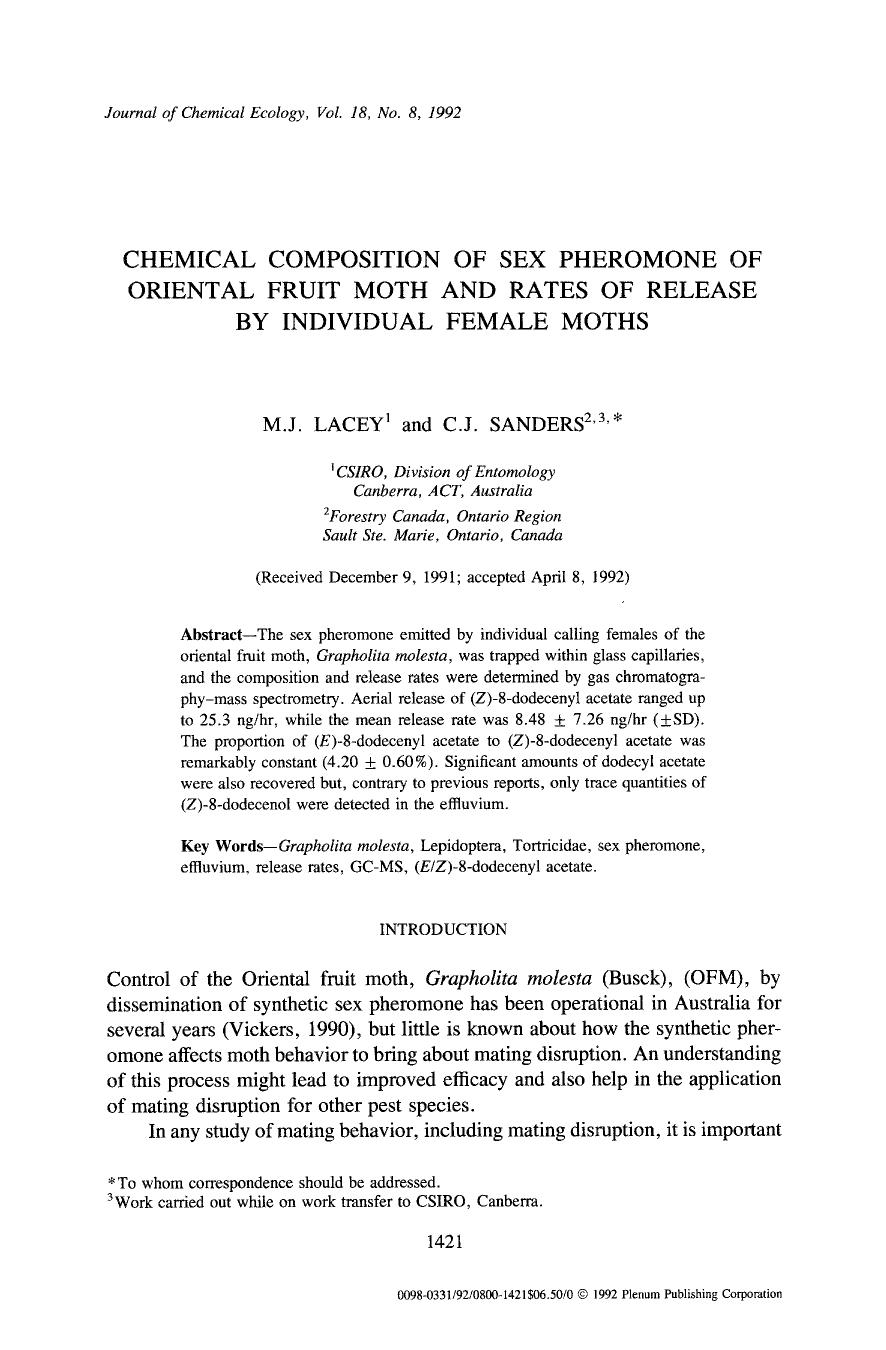 Chemical composition of sex pheromone of oriental fruit moth and rates of release by individual female moths by Unknown