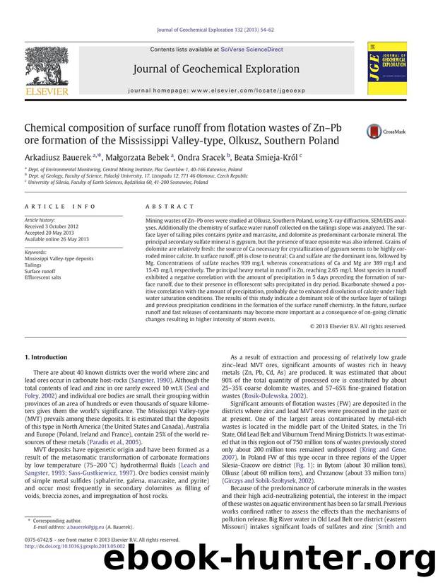 Chemical composition of surface runoff from flotation wastes of ZnâPb ore formation of the Mississippi Valley-type, Olkusz, Southern Poland by Arkadiusz Bauerek