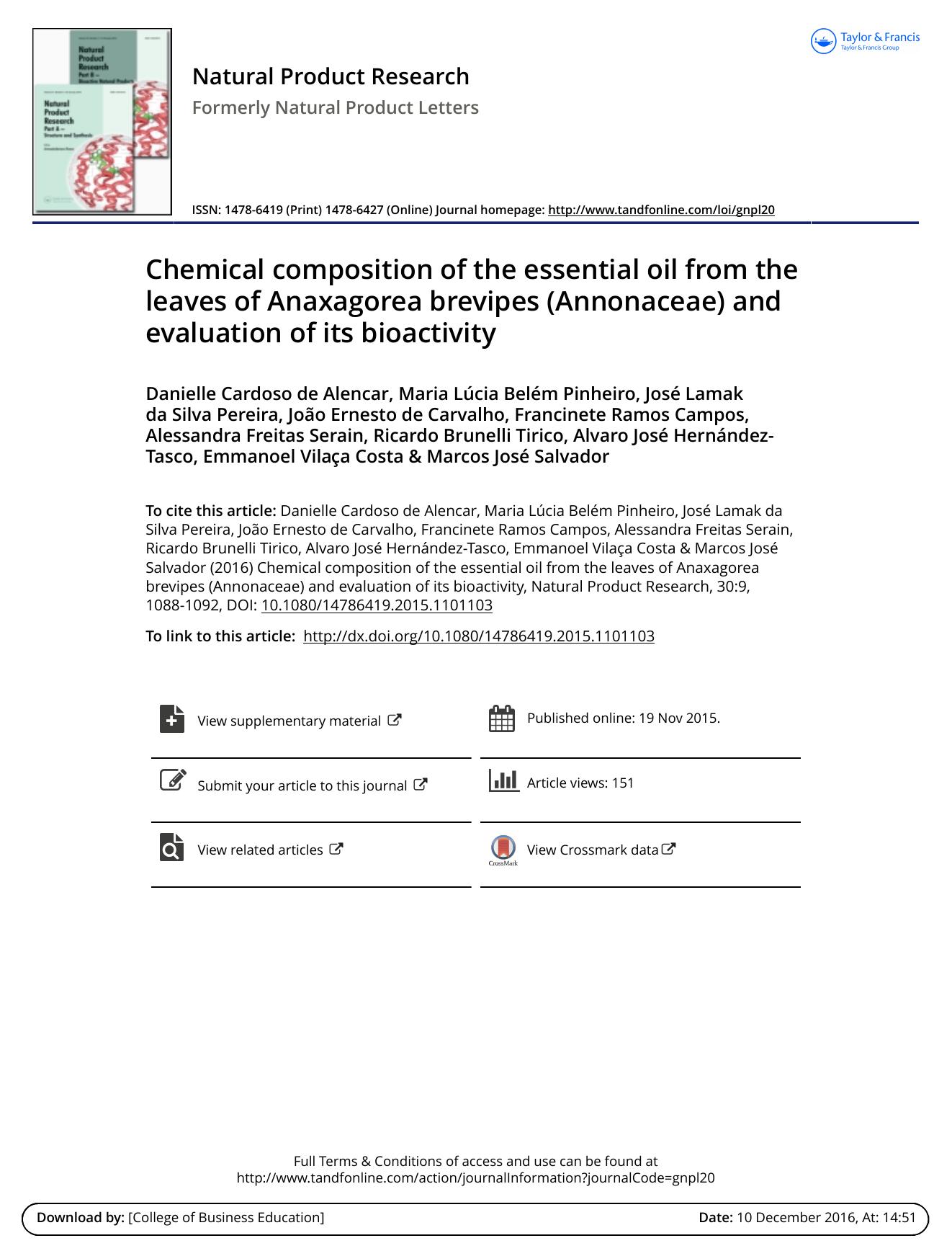 Chemical composition of the essential oil from the leaves of Anaxagorea brevipes (Annonaceae) and evaluation of its bioactivity by unknow