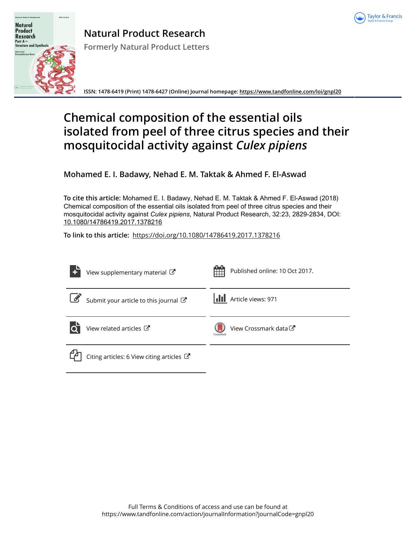 Chemical composition of the essential oils isolated from peel of three citrus species and their mosquitocidal activity against Culex pipiens by Mohamed E. I. Badawy & Nehad E. M. Taktak & Ahmed F. El-Aswad