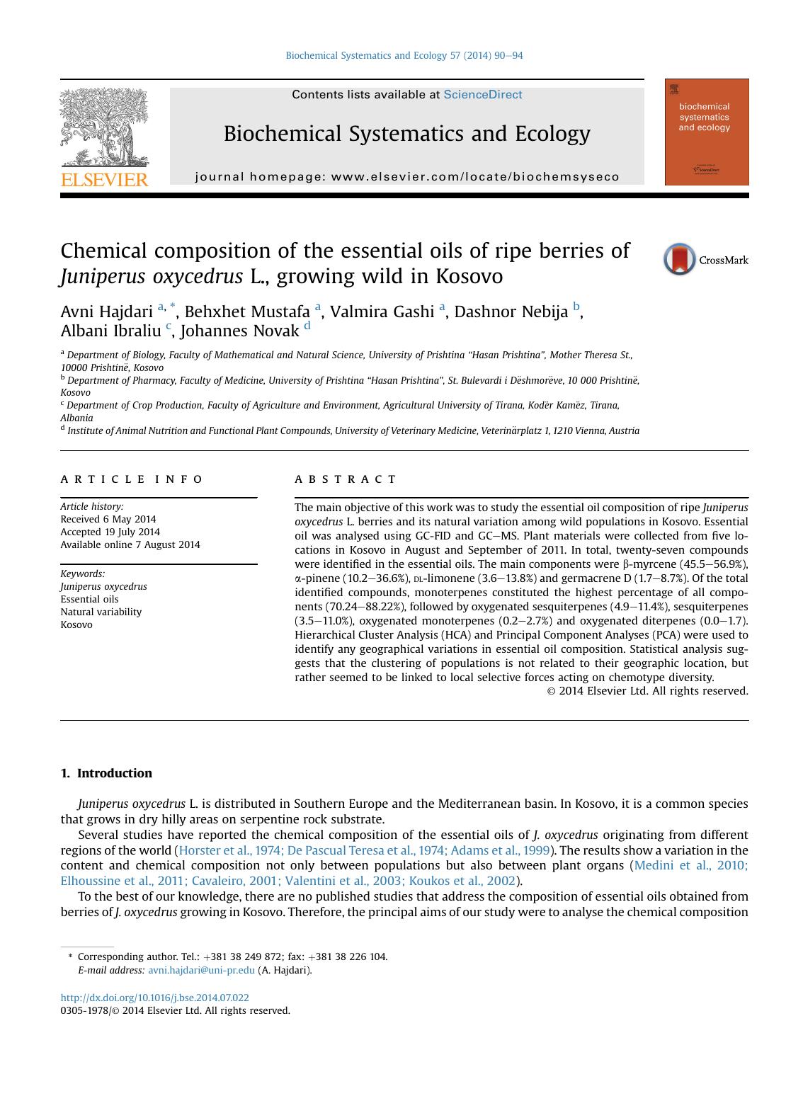 Chemical composition of the essential oils of ripe berries of Juniperus oxycedrus L., growing wild in Kosovo by Avni Hajdari & Behxhet Mustafa & Valmira Gashi & Dashnor Nebija & Albani Ibraliu & Johannes Novak