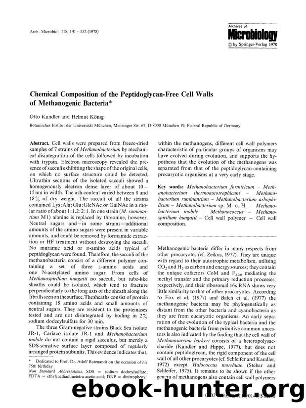 Chemical composition of the peptidoglycan-free cell walls of methanogenic bacteria by Unknown