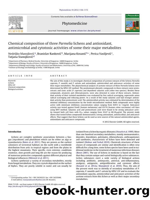 Chemical composition of three Parmelia lichens and antioxidant, antimicrobial and cytotoxic activities of some their major metabolites by Nedeljko Manojlović