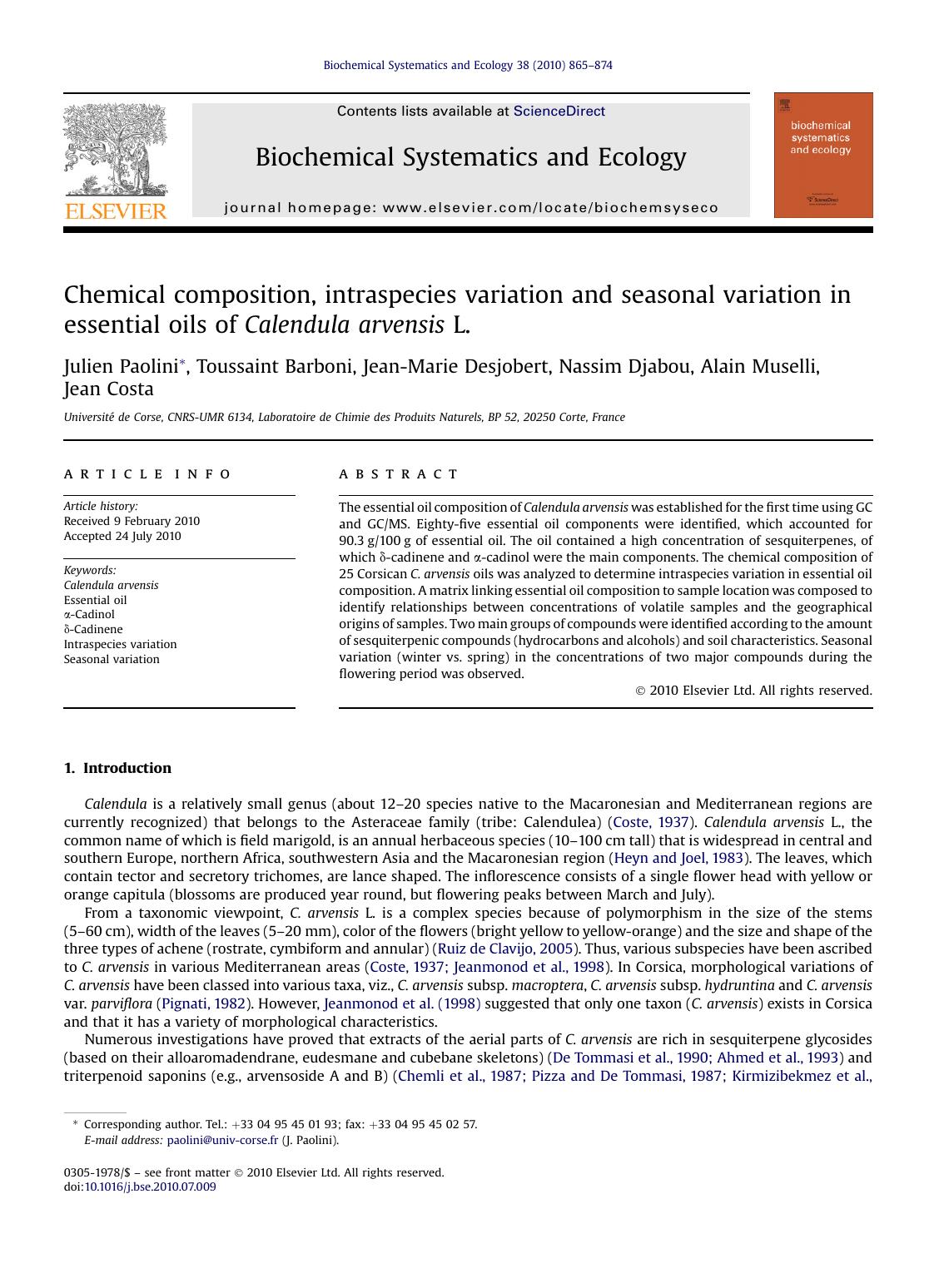 Chemical composition, intraspecies variation and seasonal variation in essential oils of Calendula arvensis L. by unknow