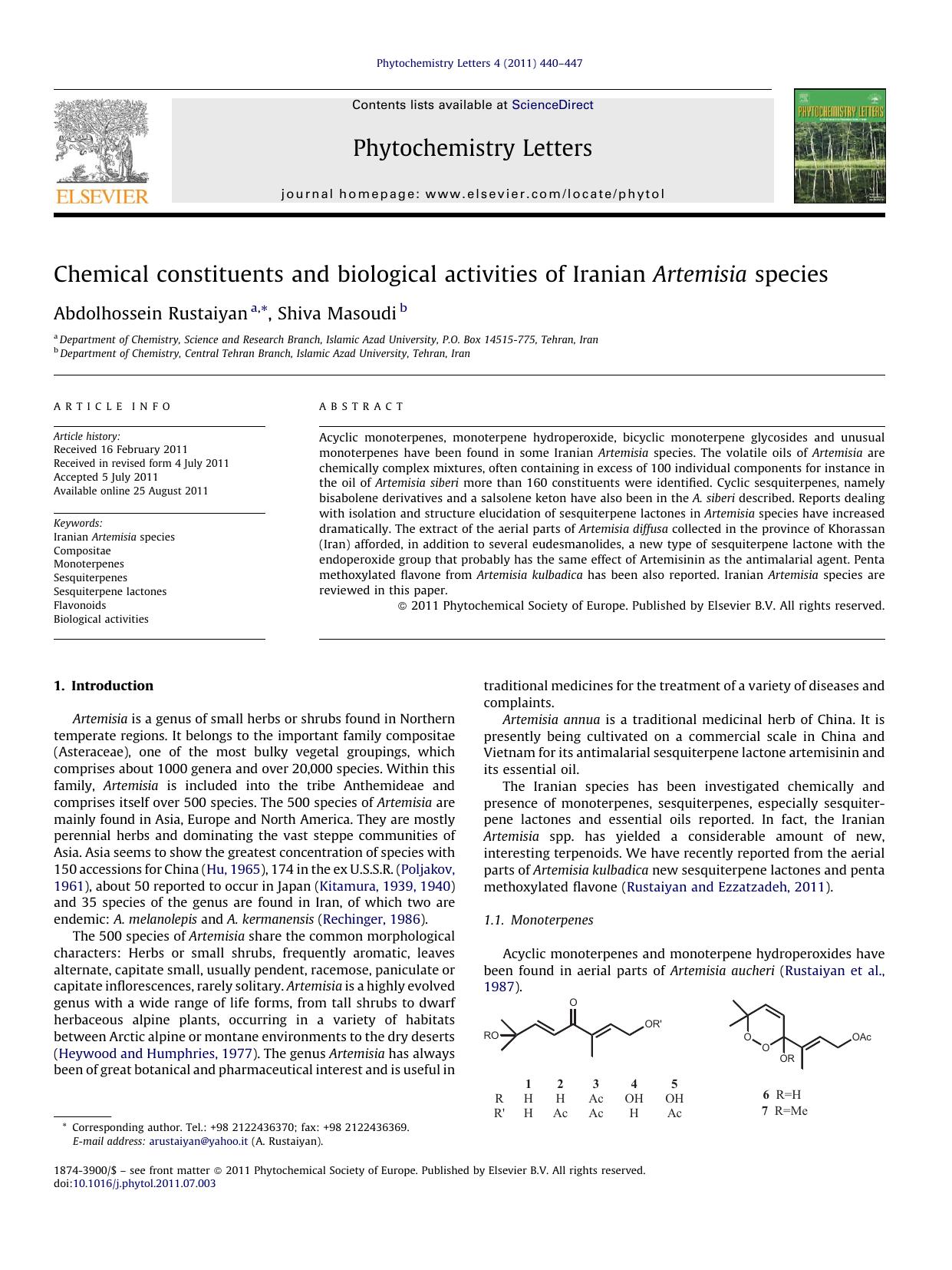 Chemical constituents and biological activities of Iranian Artemisia species by Abdolhossein Rustaiyan