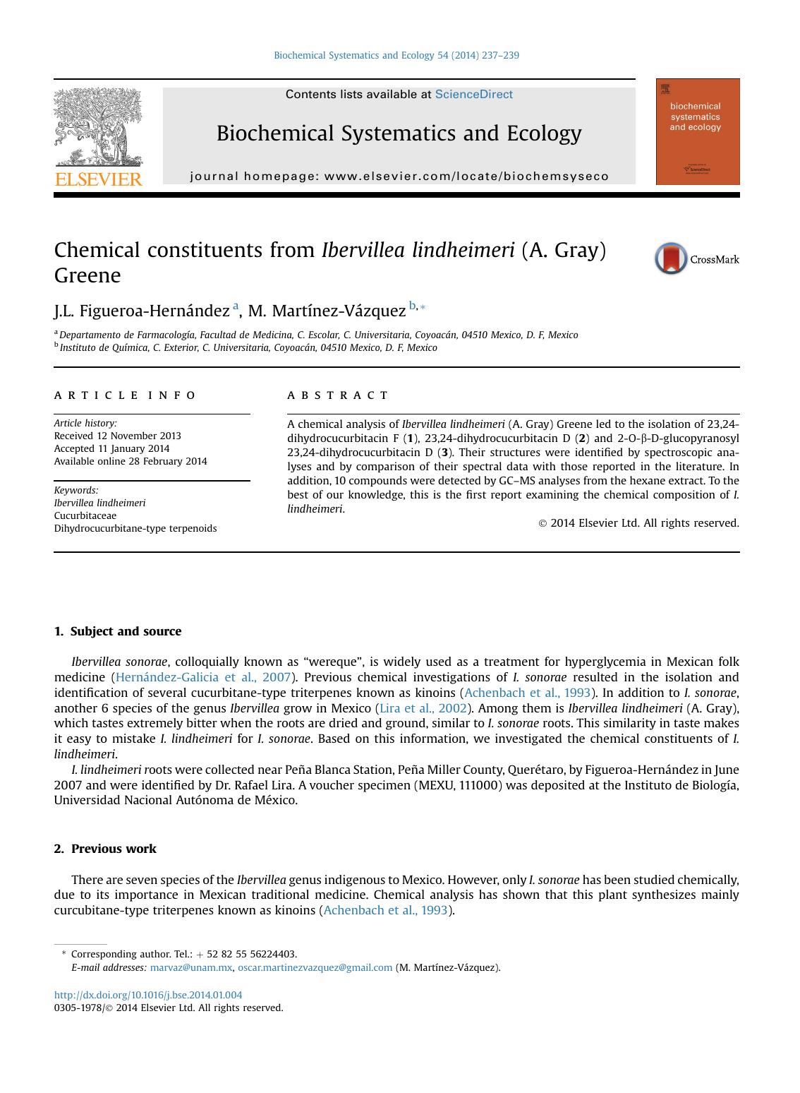 Chemical constituents from Ibervillea lindheimeri (A. Gray) Greene by J.L. Figueroa-Hernández & M. Martínez-Vázquez