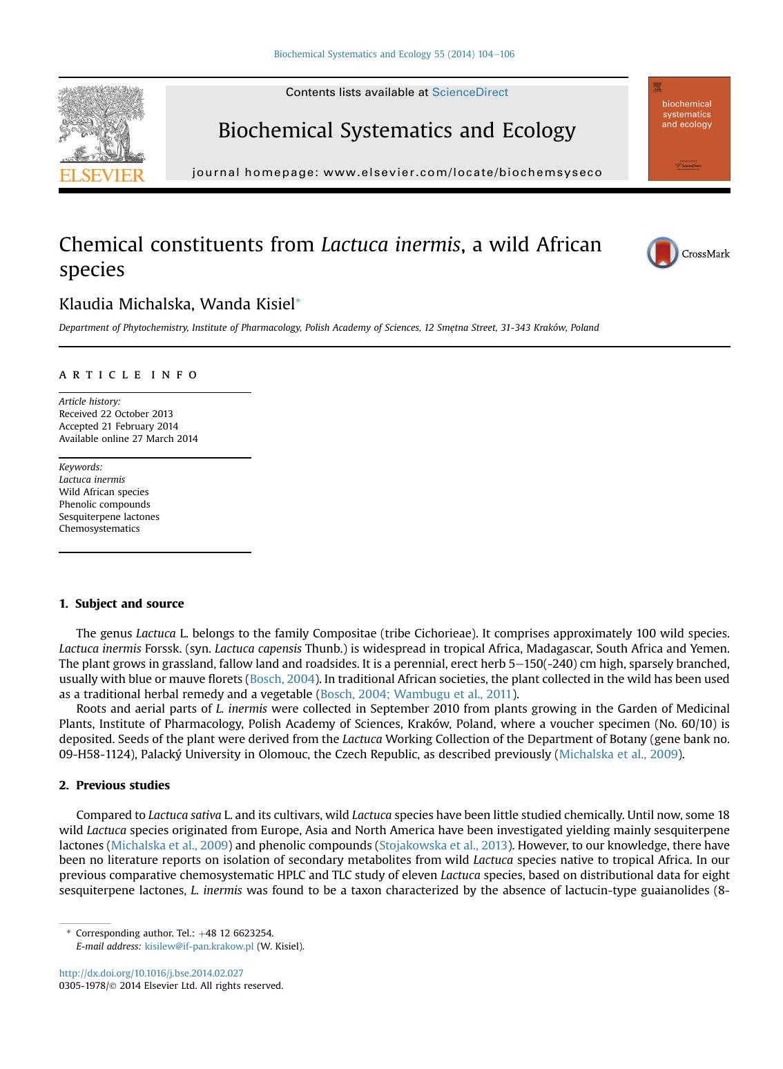 Chemical constituents from Lactuca inermis, a wild African species by Klaudia Michalska & Wanda Kisiel