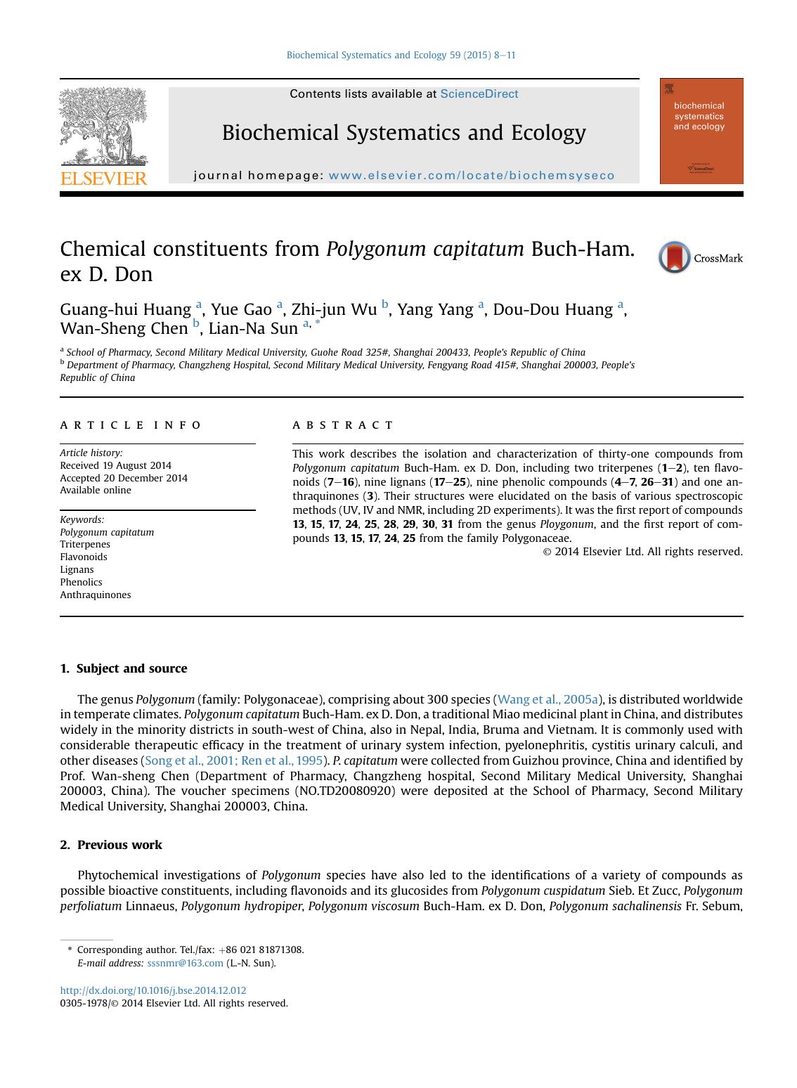 Chemical constituents from Polygonum capitatum Buch-Ham. ex D. Don by Guang-hui Huang & Yue Gao & Zhi-jun Wu & Yang Yang & Dou-Dou Huang & Wan-Sheng Chen & Lian-Na Sun
