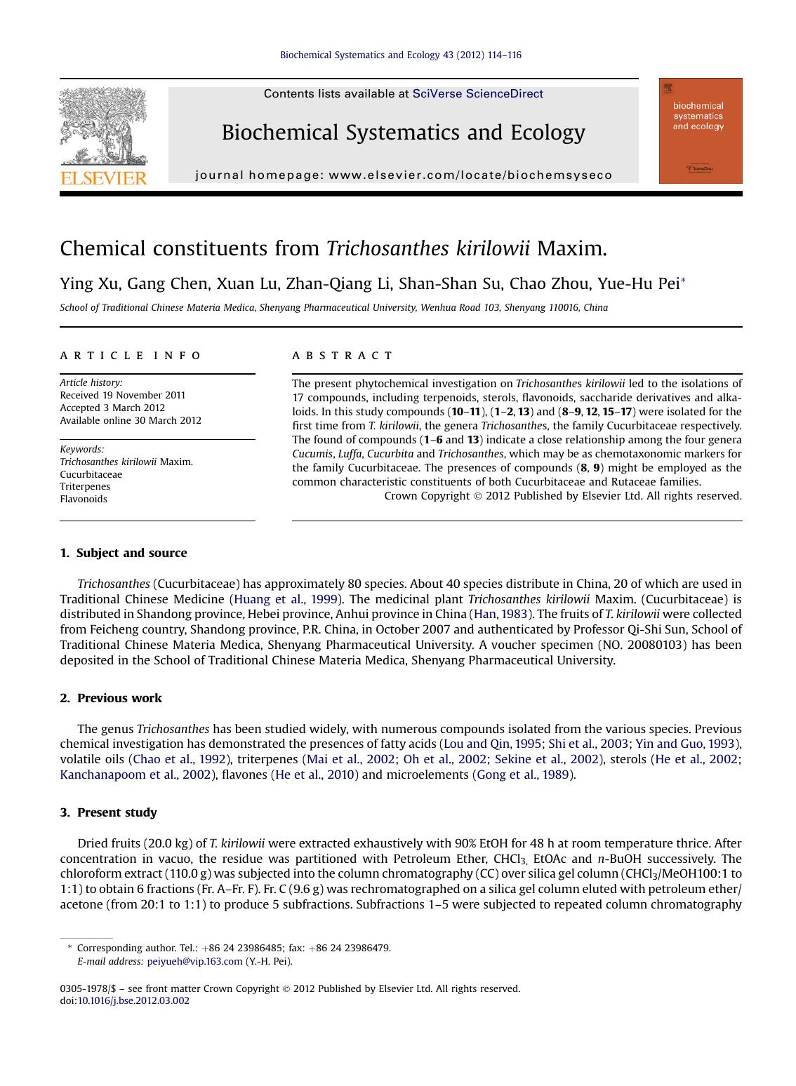 Chemical constituents from Trichosanthes kirilowii Maxim. by Ying Xu & Gang Chen & Xuan Lu & Zhan-Qiang Li & Shan-Shan Su & Chao Zhou & Yue-Hu Pei