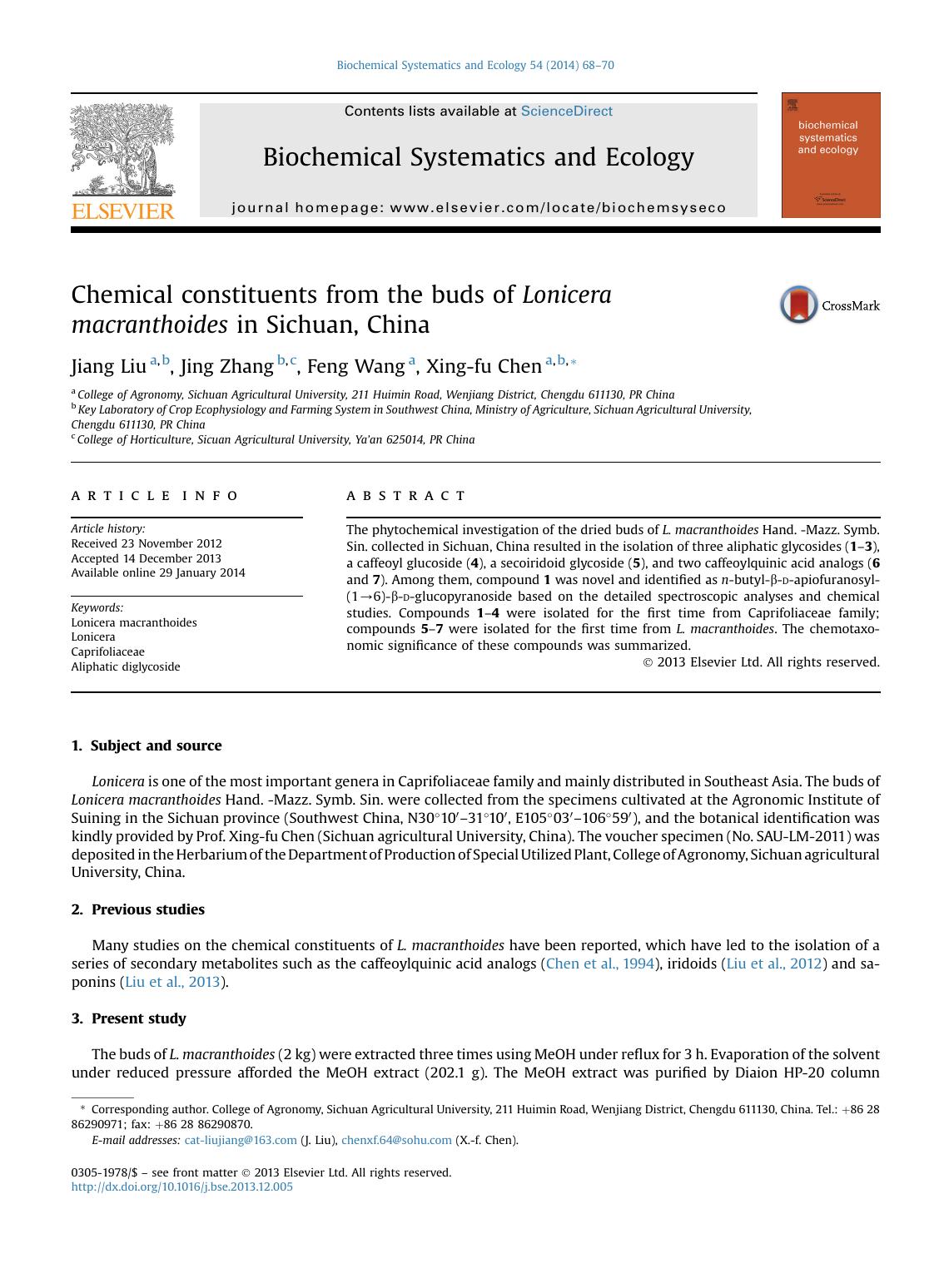 Chemical constituents from the buds of Lonicera macranthoides in Sichuan, China by Jiang Liu & Jing Zhang & Feng Wang & Xing-fu Chen
