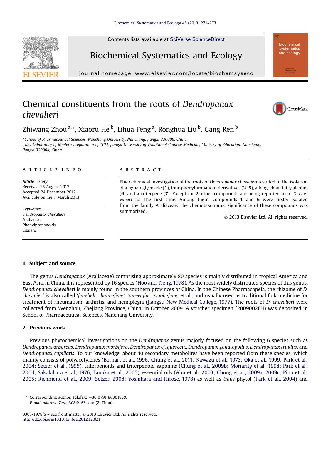 Chemical constituents from the roots of Dendropanax chevalieri by Zhiwang Zhou & Xiaoru He & Lihua Feng & Ronghua Liu & Gang Ren