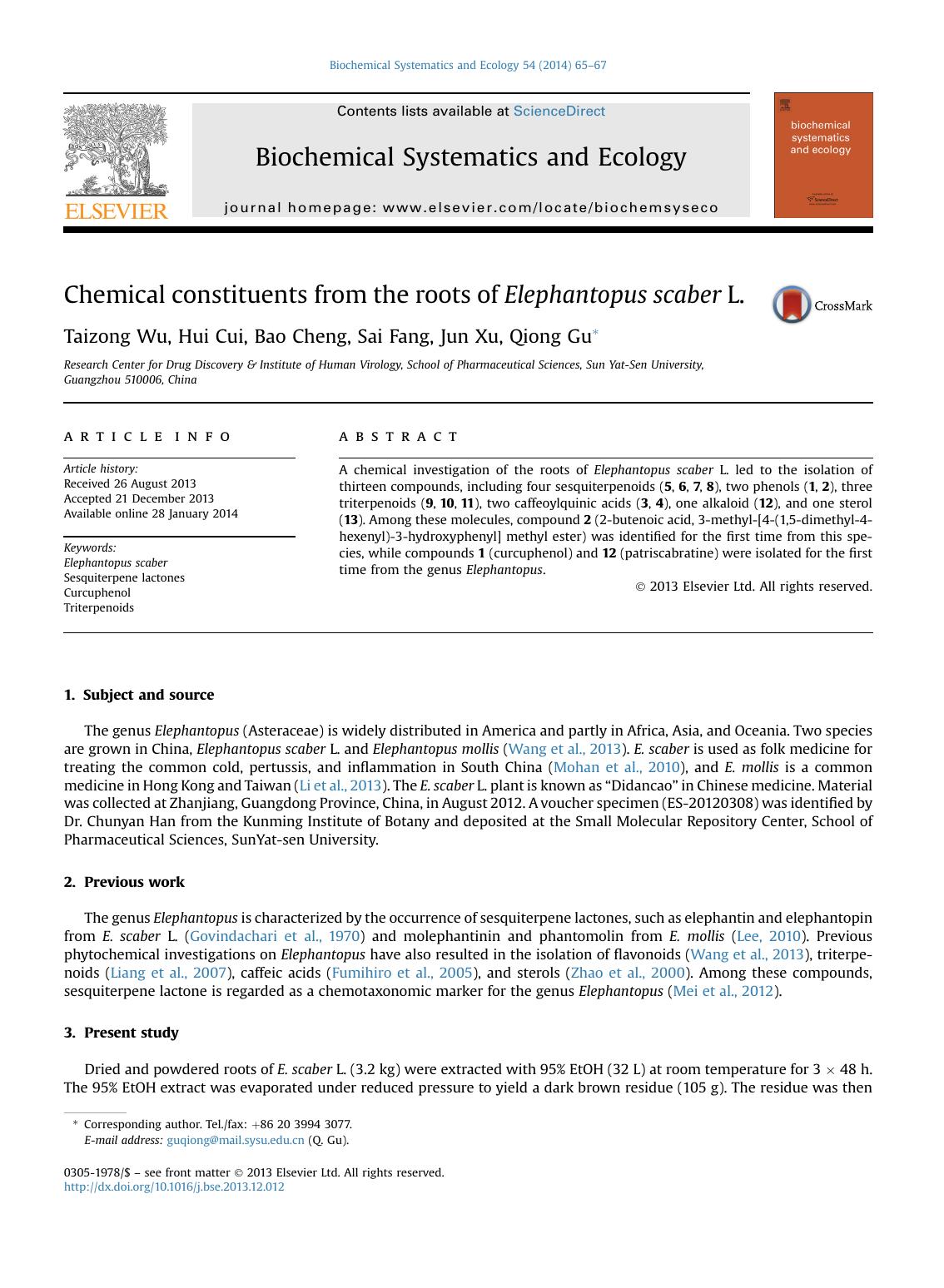 Chemical constituents from the roots of Elephantopus scaber L. by Taizong Wu & Hui Cui & Bao Cheng & Sai Fang & Jun Xu & Qiong Gu