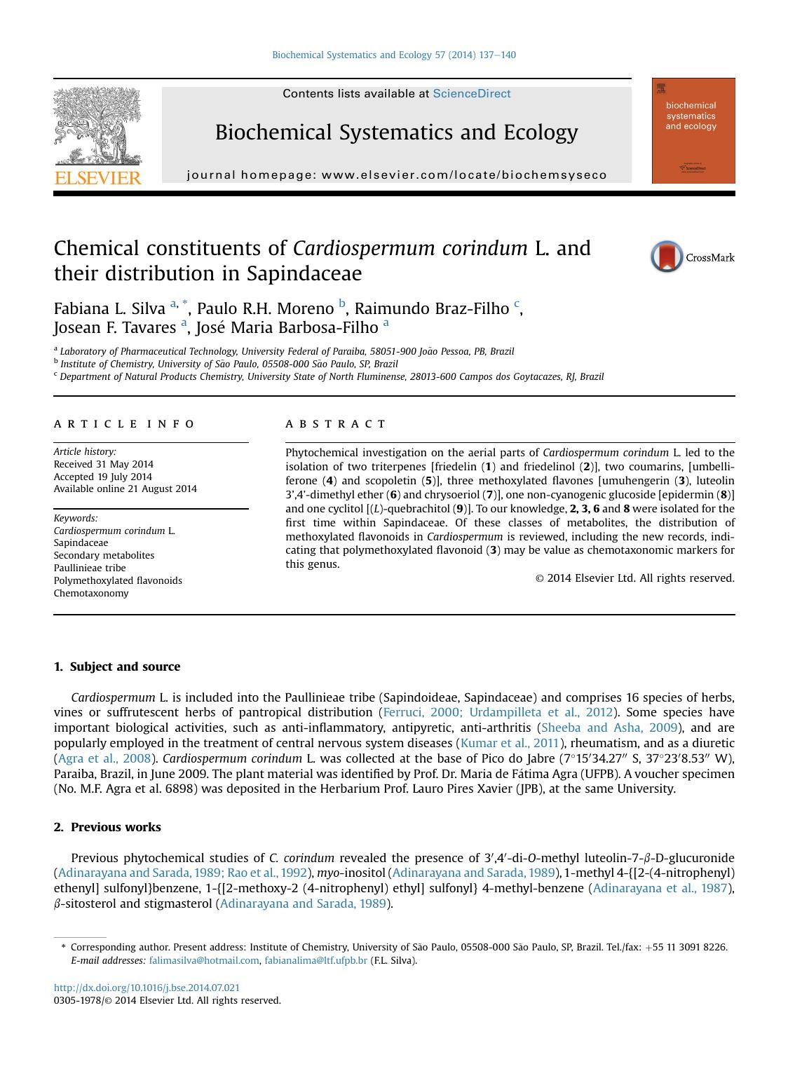Chemical constituents of Cardiospermum corindum L. and their distribution in Sapindaceae by unknow