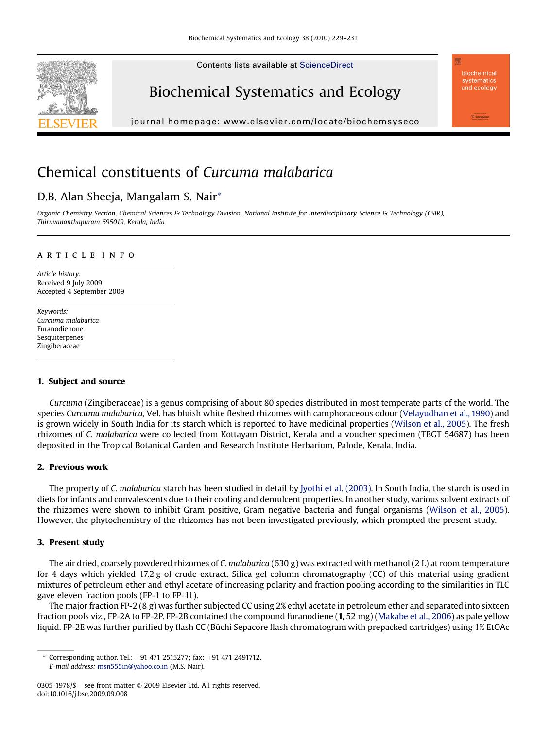 Chemical constituents of Curcuma malabarica by D.B. Alan Sheeja; Mangalam S. Nair