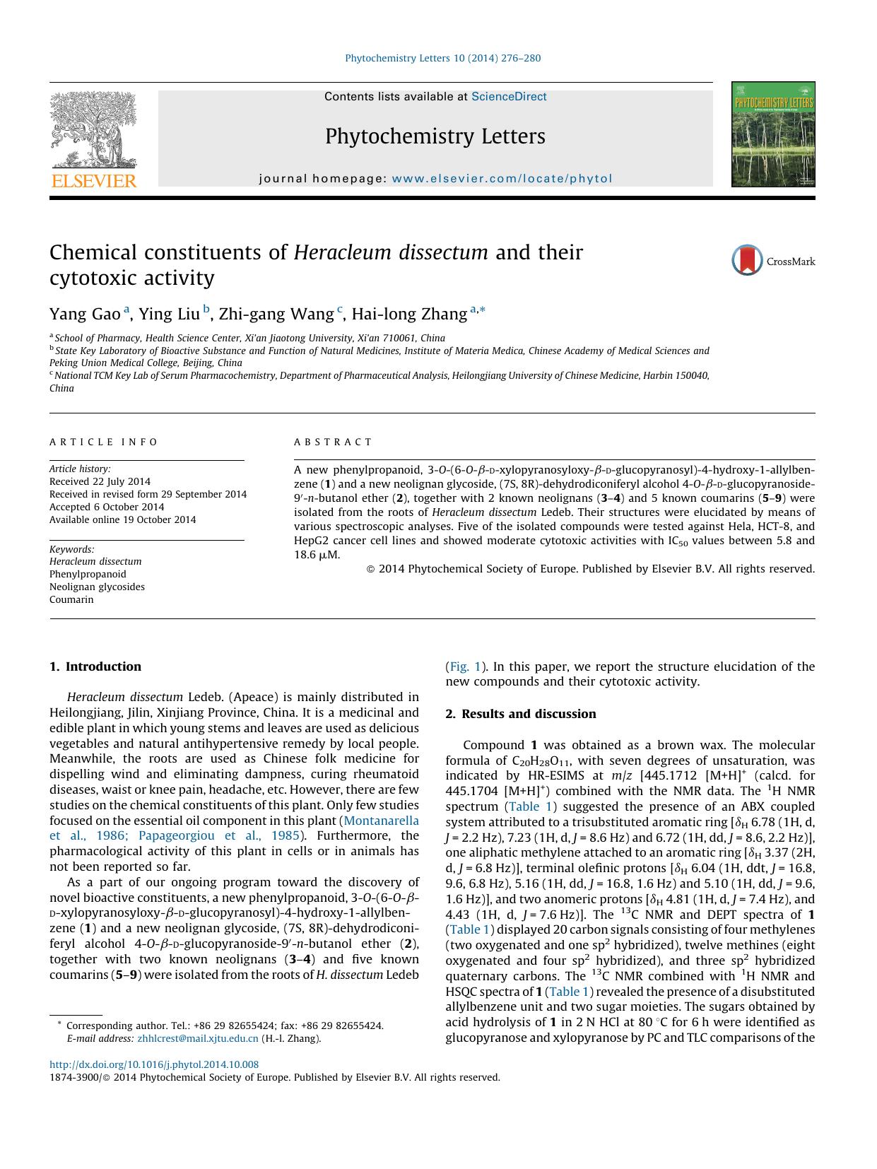 Chemical constituents of Heracleum dissectum and their cytotoxic activity by Yang Gao & Ying Liu & Zhi-gang Wang & Hai-long Zhang