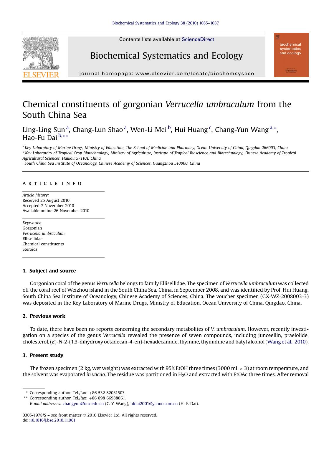 Chemical constituents of gorgonian Verrucella umbraculum from the South China Sea by Ling-Ling Sun & Chang-Lun Shao & Wen-Li Mei & Hui Huang & Chang-Yun Wang & Hao-Fu Dai
