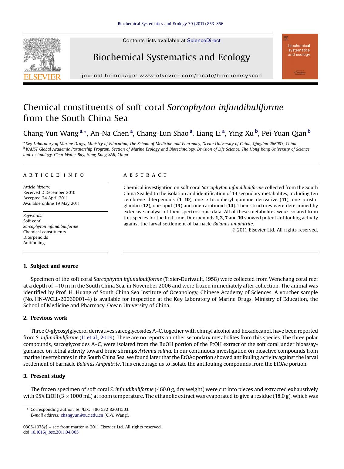 Chemical constituents of soft coral Sarcophyton infundibuliforme from the South China Sea by Chang-Yun Wang & An-Na Chen & Chang-Lun Shao & Liang Li & Ying Xu & Pei-Yuan Qian