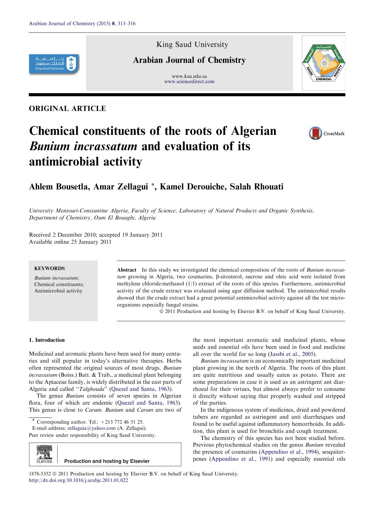 Chemical constituents of the roots of Algerian Bunium incrassatum and evaluation of its antimicrobial activity by Ahlem Bousetla & Amar Zellagui & Kamel Derouiche & Salah Rhouati