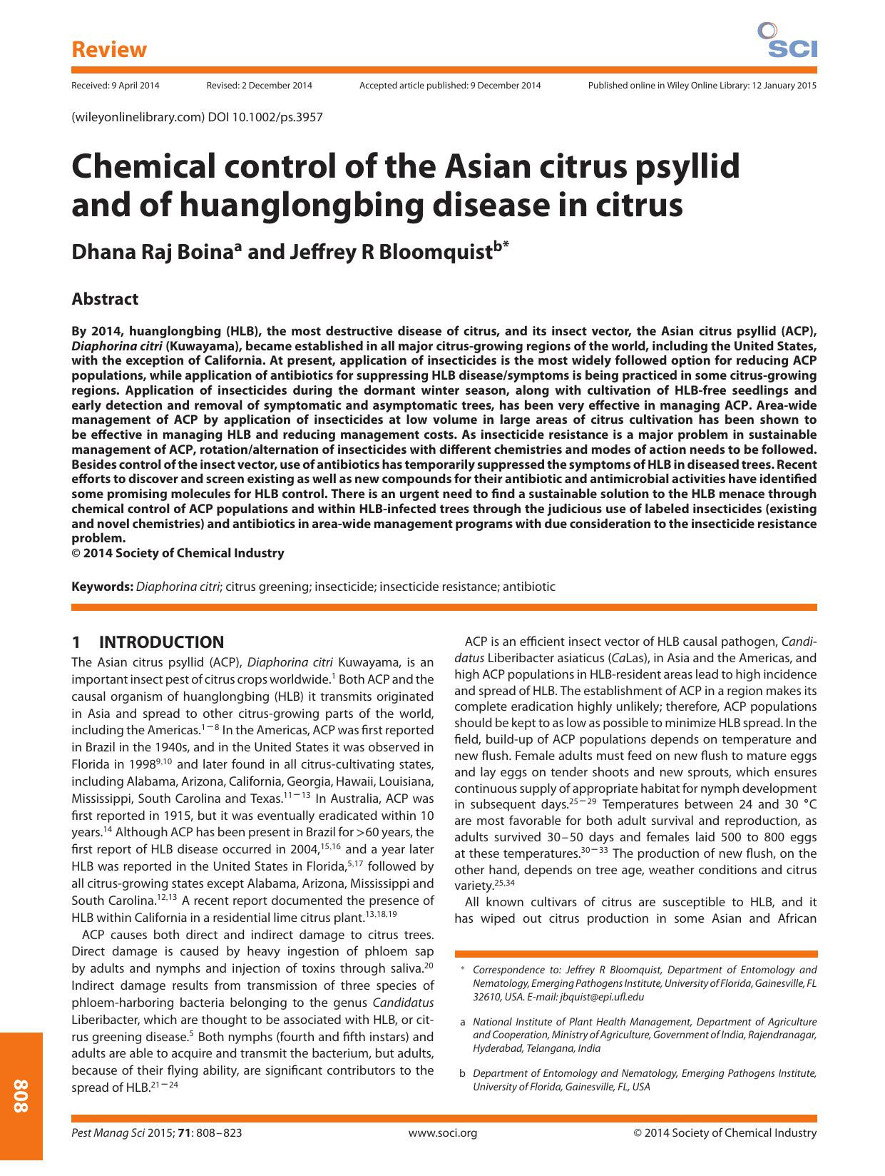 Chemical control of the Asian citrus psyllid and of huanglongbing disease in citrus by Unknown