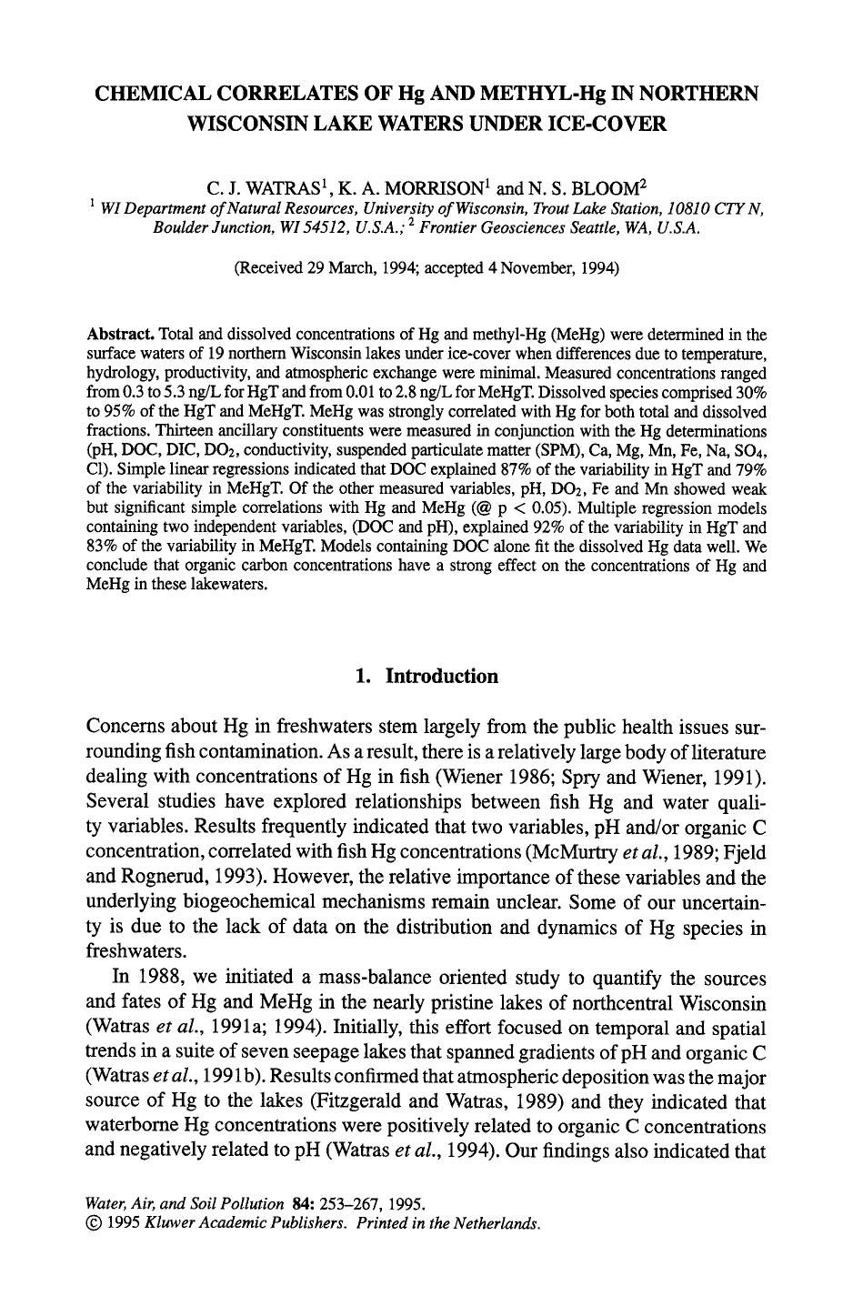 Chemical correlates of Hg and methyl-Hg in northern Wisconsin lake waters under ice-cover by Unknown