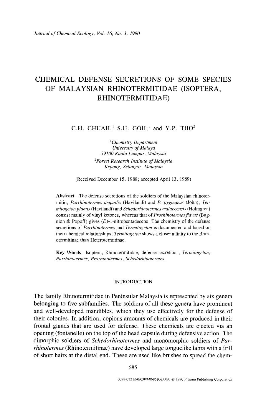 Chemical defense secretions of some species of Malaysian rhinotermitidae (Isoptera, Rhinotermitidae) by Unknown