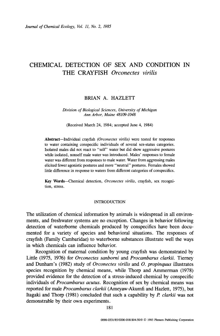 Chemical detection of sex and condition in the crayfish <Emphasis Type="Italic">Orconectes virilis <Emphasis> by Unknown